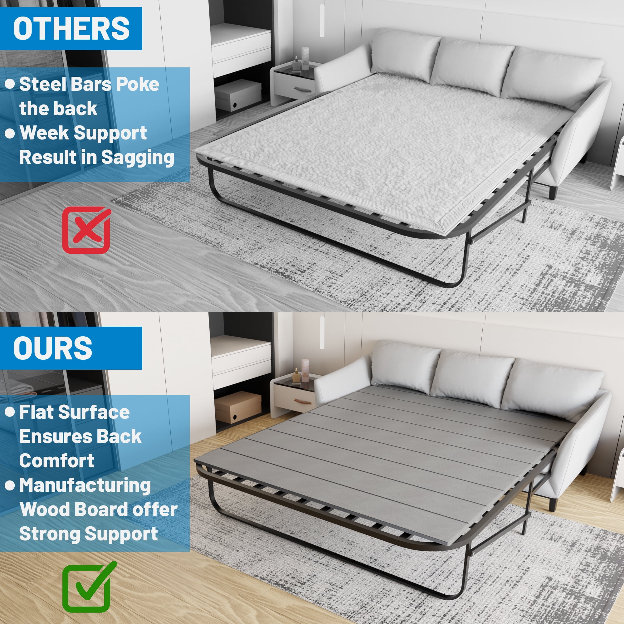 Continental Sleep, Heavy Duty Sleeper Sofa Support Slats, 63" x 35.5" Wood Base to Fix Sagging Seats, Reinforced Under Cushion Panel for Sofas and Bed Support, Pull Out Couch Mattress Board