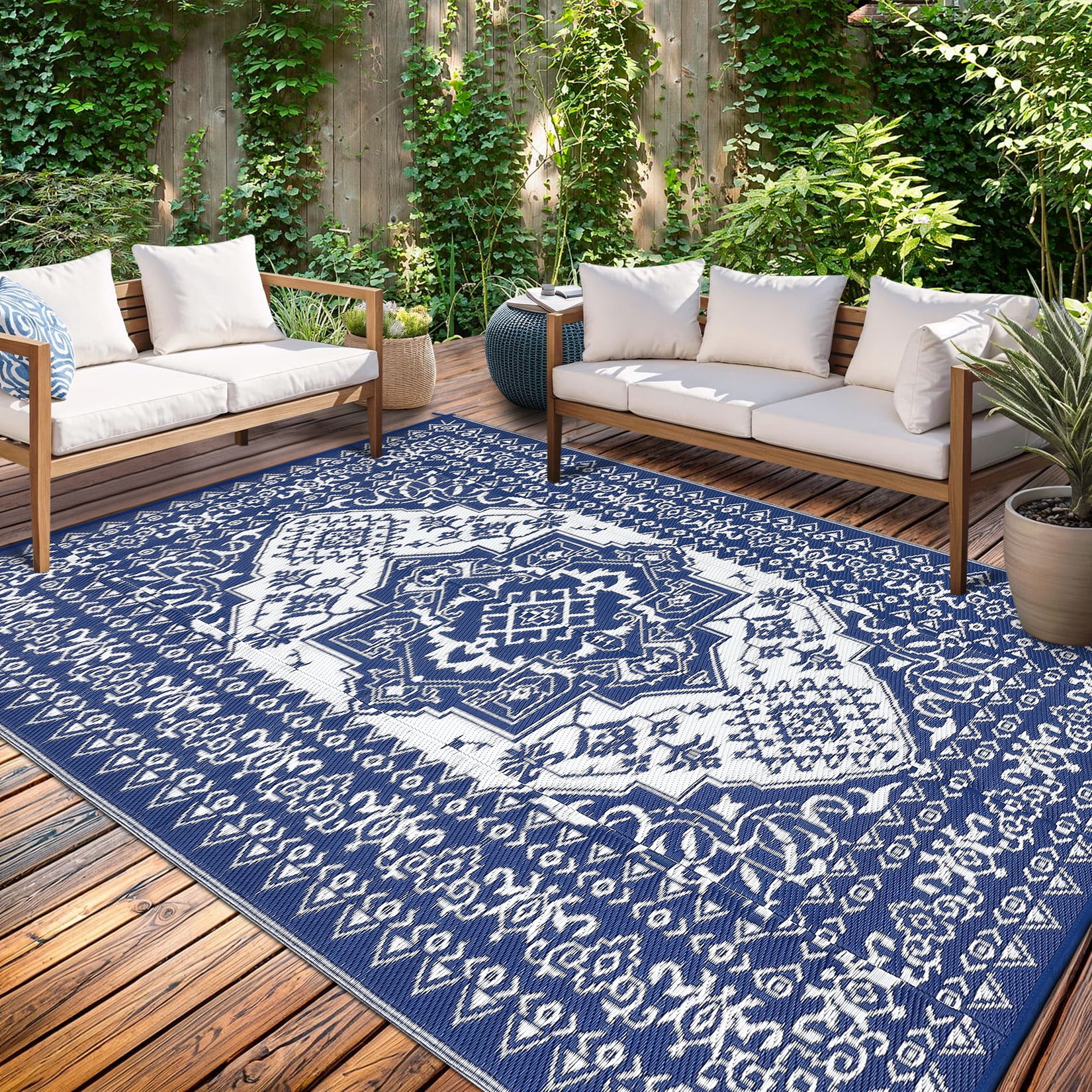 Senfot 9x12 Waterproof Reversible Plastic Straw Indoor Outdoor Area Rug for Patio RV Camping Balcony Deck Backyard Dark Blue and White