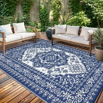 Haperlare 8x10ft Boho Outdoor Rugs Waterproof Reversible Plastic Straw Rug, Large Vintage Medallion RV Camping Carpet for Deck, Picnic, Beach, Pool, Garden, Dark Blue and White