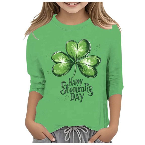 DGQPLPD Girls St Paddy's Day Printed 3/4 Sleeve Peplum T Shirt Tops for Cheerful St Patrick's Day Theme Girls Fashionwear Green 10-11 Years