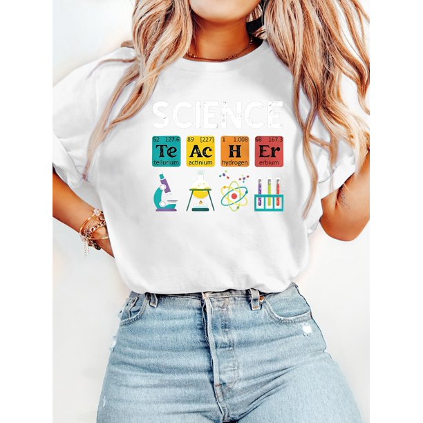 Women'S Science T-Shirt - Elements of Science Design with Periodic Table & Lab Icons - Perfect for Teachers & Back to - Casual Crew Neck, Short Sleeve, Allseason Wear, Casual Attire | Playful Print |