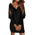 thumbnail image 2 of Women's Casual Dress Long Sleeve V-Neck Printed Lace Trim Loose Fit Comfortable Midi Dress for Spring Fall,Black,L, 2 of 5