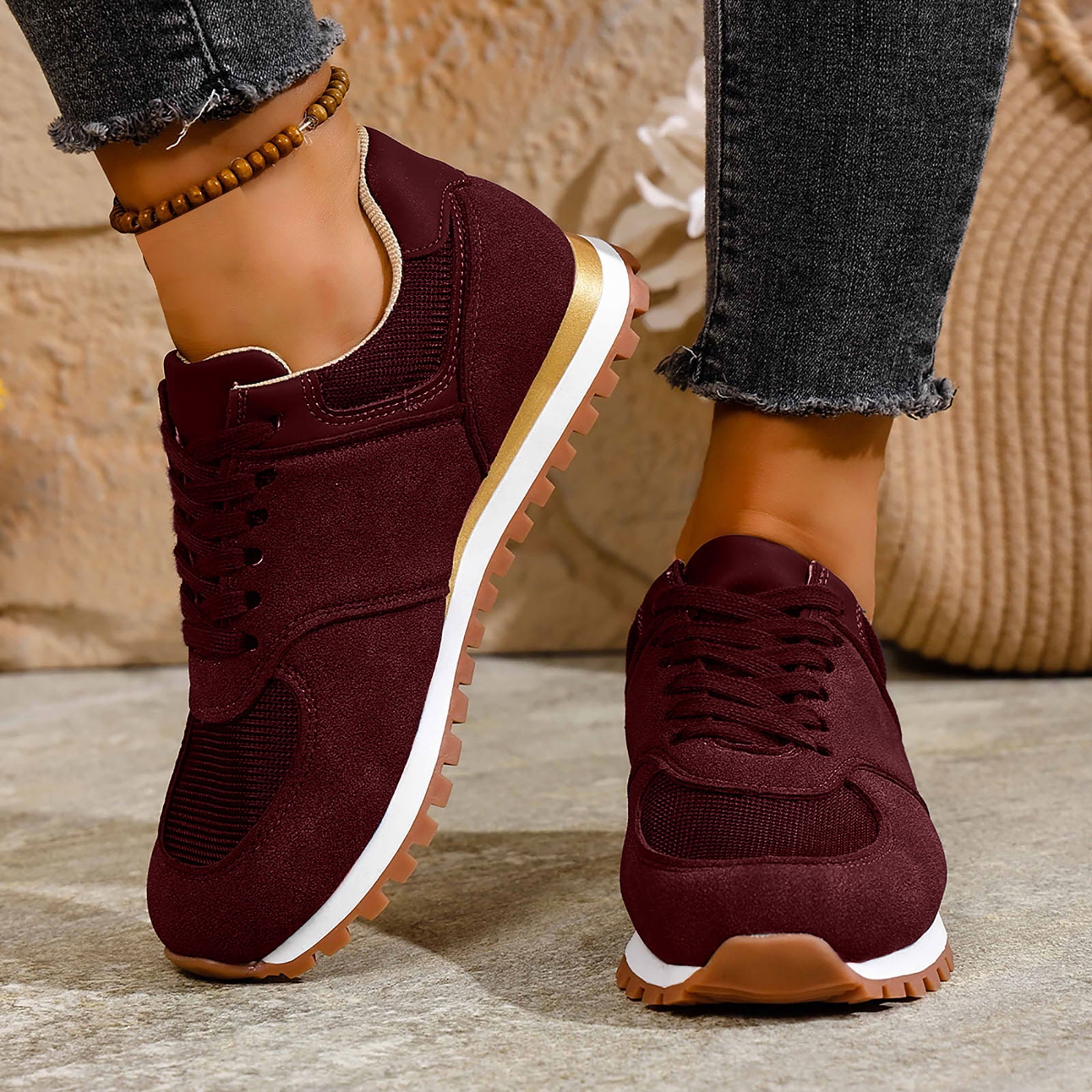 Dakaela Womens Fashion Sneakers 2025 Suede Classic Tennis Running Shoes Lace up Non Slip Trainer Walking Shoes Wine 9.5
