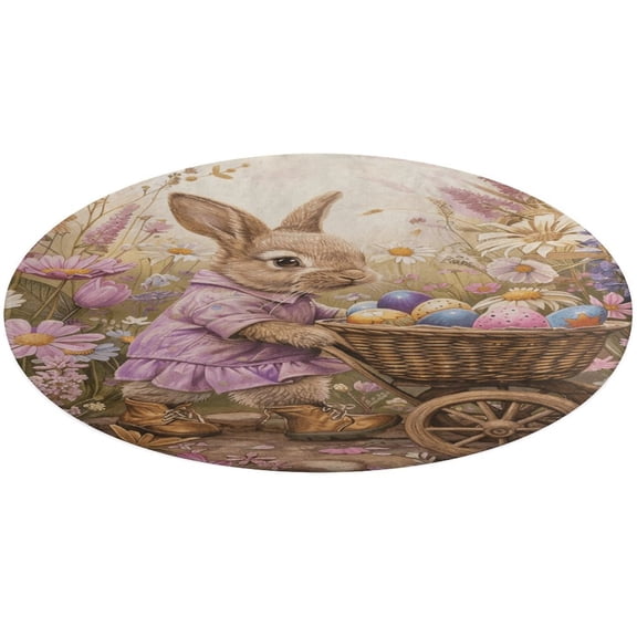 Easter Bunnies Rabbits Soft Bedroom Round Area Rug, Washable Cute Nursery Circle Throw Mat, Non-Slip Contemporary Small Low Pile Floor Carpet for Dorm Bedside
