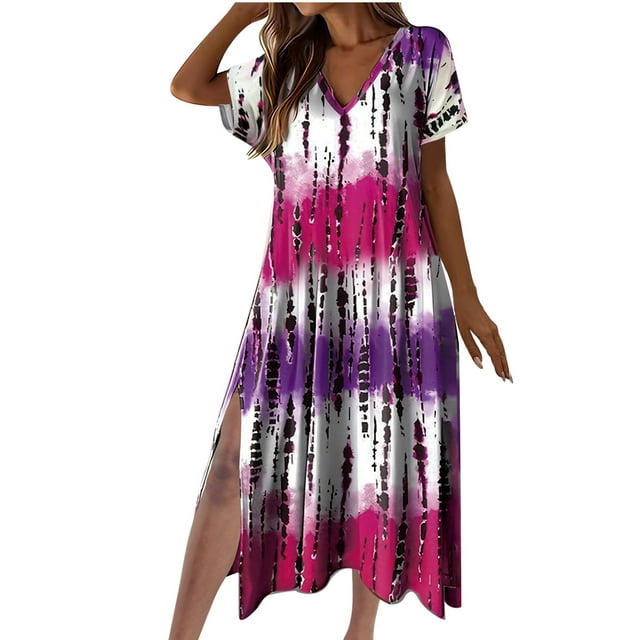 Robe d'Été pour Femmes Vêtements d'Été Mode Femmes Robe Décontractée Col en V Manches Courtes Robe Unie Robe Décontractée pour Femmes Robe d'Été Décontractée pour Femmes