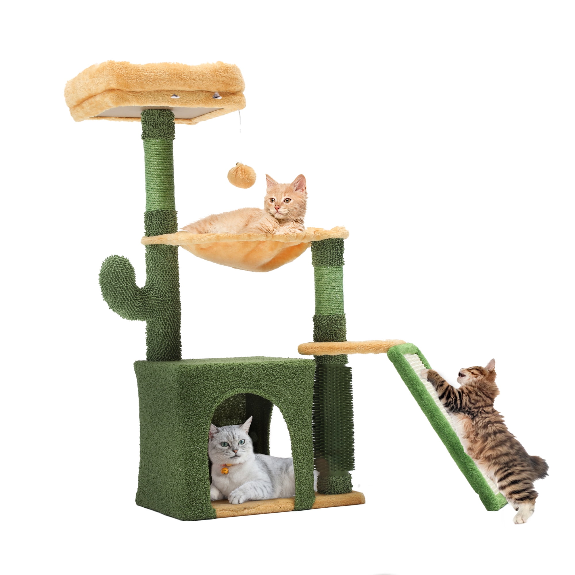 Dextrus 37" Tall Cactus Cat Tree Tower,Indoor Cat Condo with Self-Grooming Brush, Plush Platform, Hammock, Sisal Scratching Posts, and Toy Balls,Green