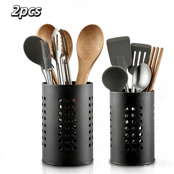 RYLZX 2 Pieces Kitchen Utensils Holder for Counter Top, Black Stainless Steel Cutlery Holder, Kitchen Essentials Farmhouse Style Home Countertop Organizer