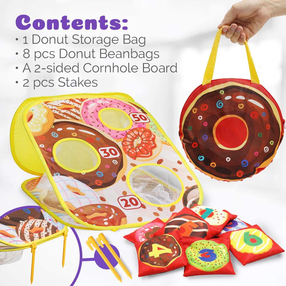 Collapsible Double Sided Cornhole Game Set with 8 Bean Bags and Carrying Bag Outdoor and Indoor Games for The Family Activity Set for Toddlers Bean Bag Toss Game Donut Bean Bag Toss Game Set