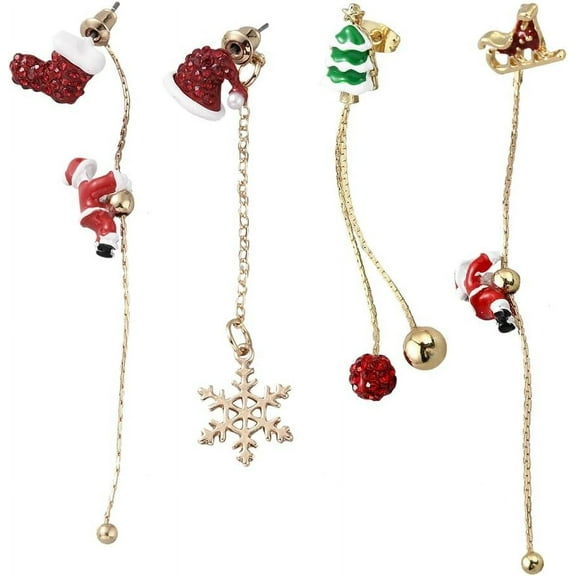 2 Style Snowflake Santa Claus Threader Tassel Earrings Enamel Christmas Stocking and Hat Jewelry Rhinestone Asymmetrical Christmas Earrings