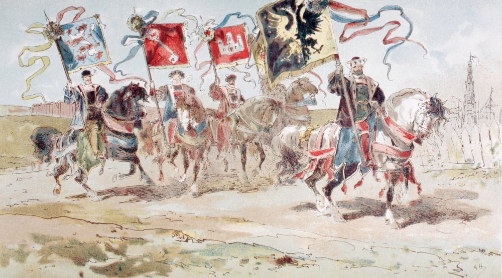 Horsemen Carrying Banners Of The Hanseatic League And Of Towns Belonging To The League 16Th Century After A Watercolour By A Heins From Cortege Historique Des Moyens De Transport Published Brussels 18