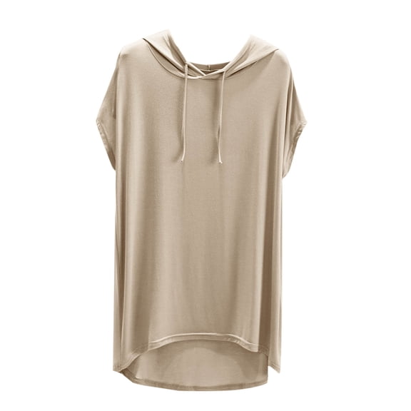 Wyobmus Women Lightweight Summer Hooded Shirt Casual Fashion Short Sleeve V Neck Hoodies Solid Modal Fabric Curved Hem T Shirt With Hood Beige
