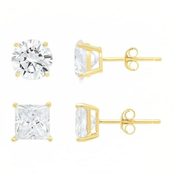 Bonjour Jewelers 18k Yellow Gold 2 Pair Moissanite Round & Princess Cut Stud Earrings Plated 6mm