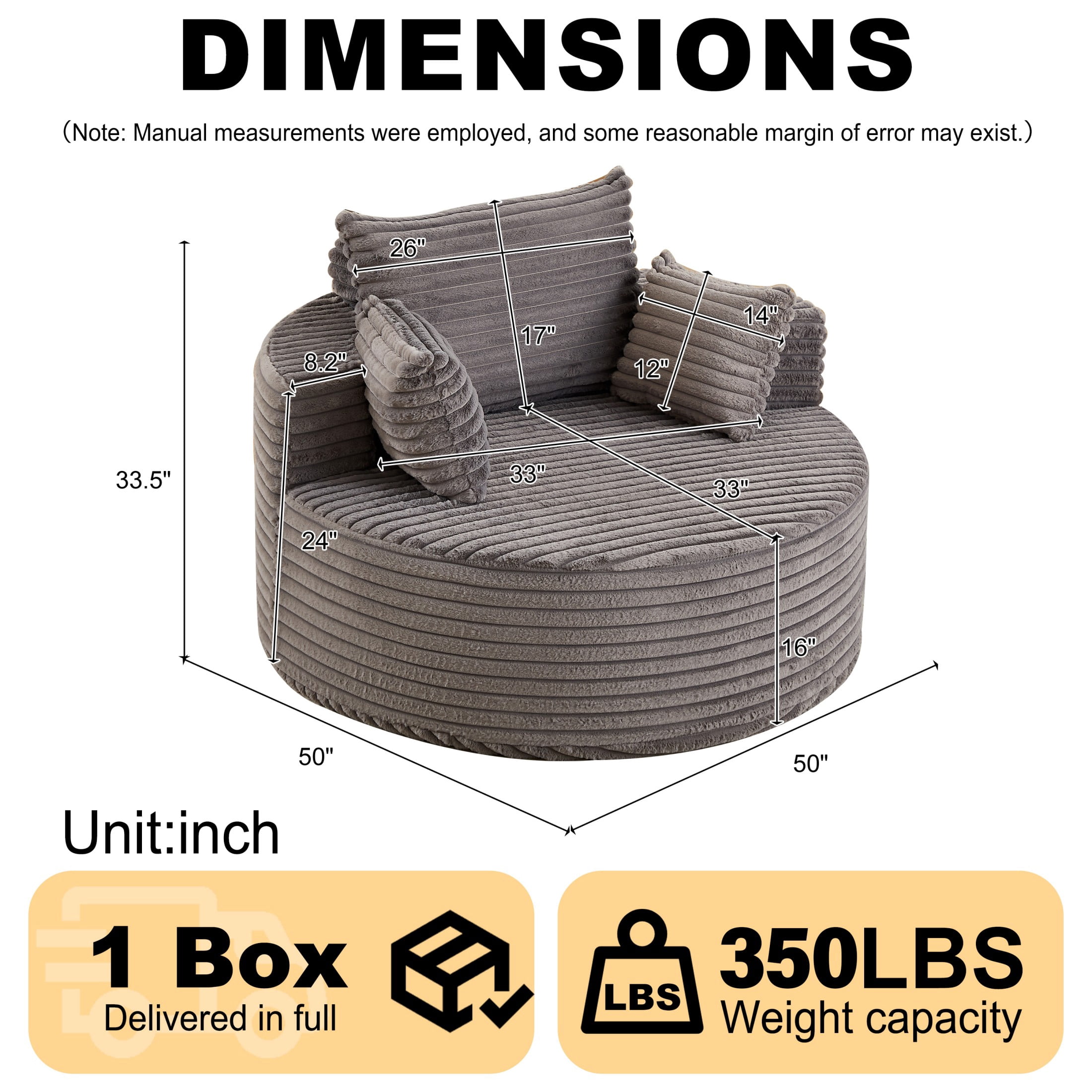 Aukfa 50" Oversized Corduroy Round Sofa Chair, Modern Deep Seat Chaise Lounge Chair Indoor with Pillows, No Assembly Required, Gray