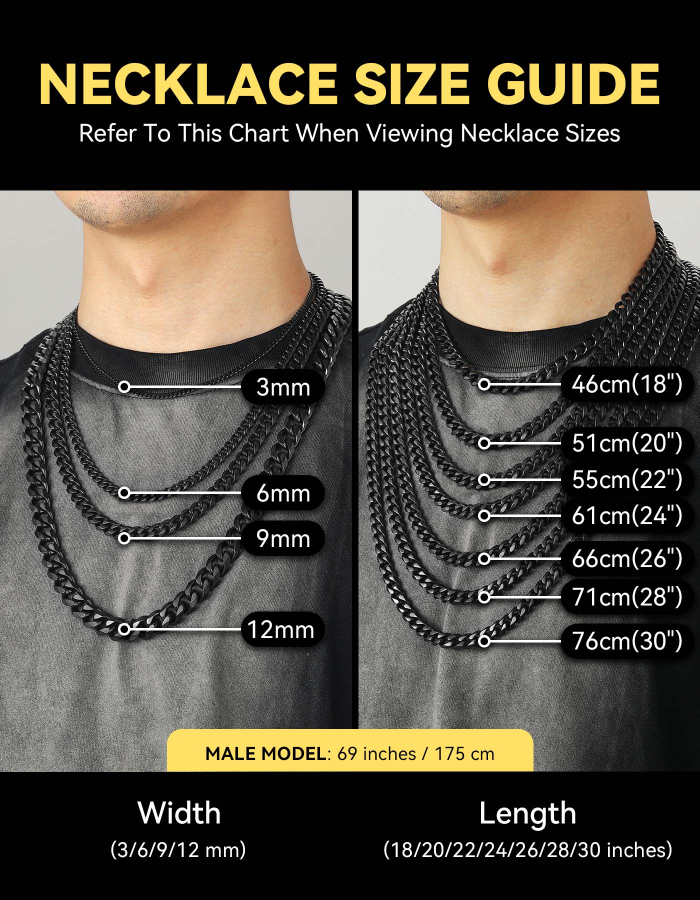 ChainsHouse 9mm Black Cuban Link Chain Necklace for Men Stainless Steel Chunky Chains Hiphop Choker Necklaces Mens Jewelry Gift, 26 Inches