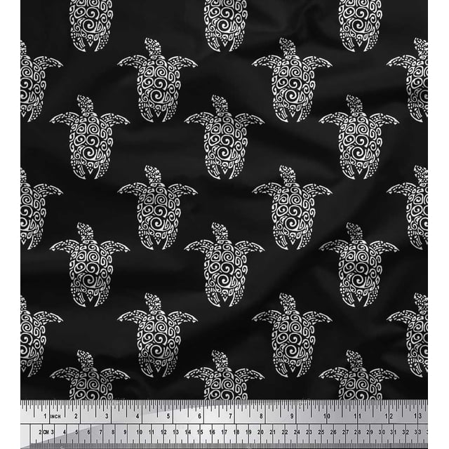 Soimoi Polyester Crepe Fabric Turtle Block Print Fabric by The Yard 42 Inch Wide