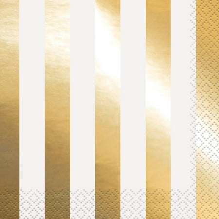 Golf Napkins - Foil Striped Paper Lunch Napkins, Gold, 16ct