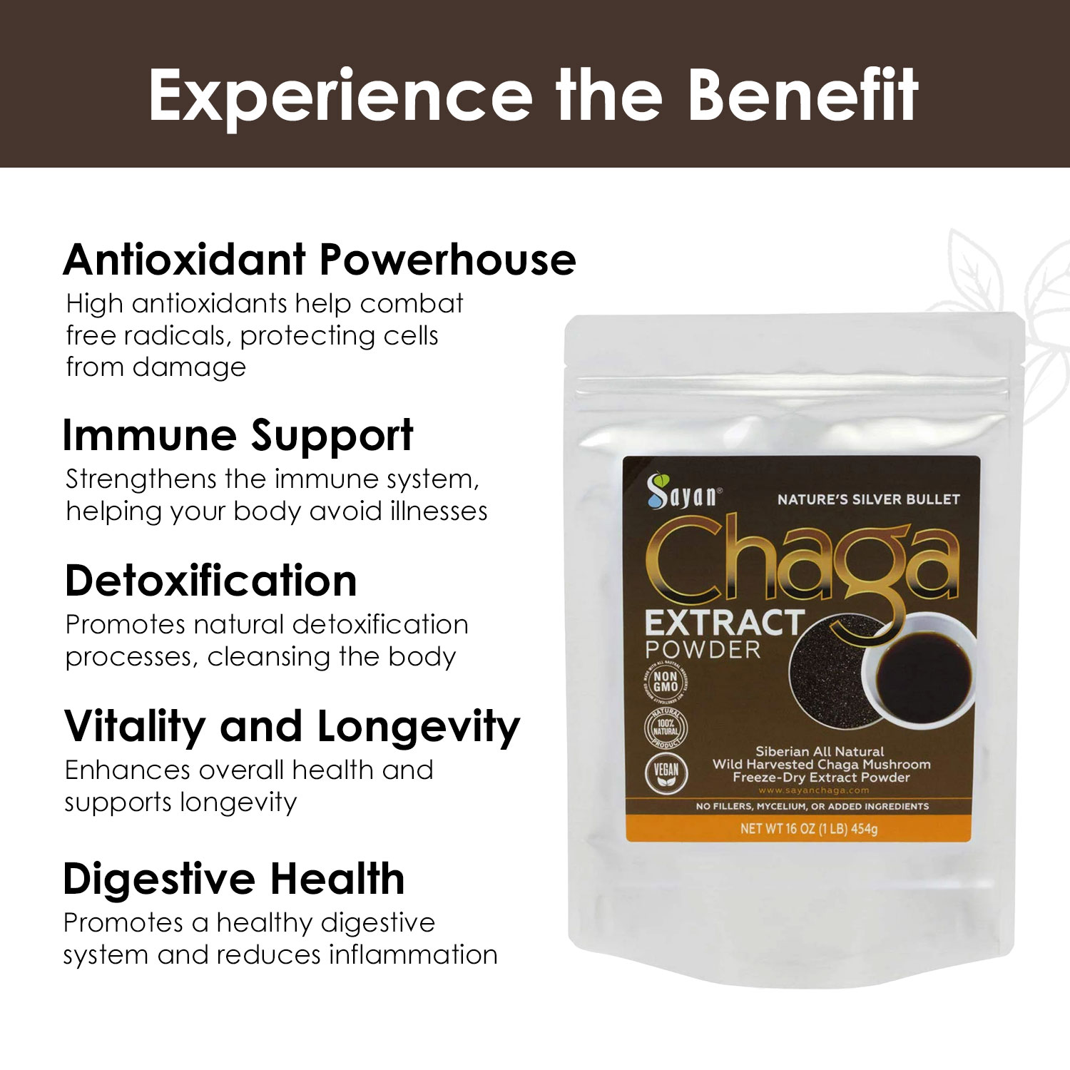 Sayan Herbal Tea, Chaga Mushroom Extract Powder, Siberian Wild Forest Detox Tea (Black, 1 lb)