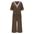 thumbnail image 4 of Scyoekwg Summer 2 Piece Outfits for Women Cotton Linen Solid Color Trendy Short Sleeve V-Neck Crochet Lace Trim Tops Wide Leg Pants Casual Sweatsuits Sets Loose Outfits (Coffee,M), 4 of 5