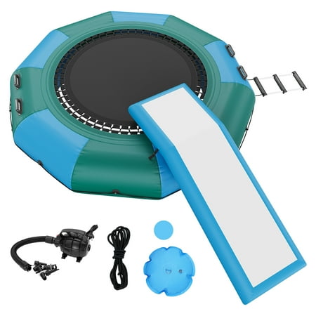 KFFKFF Water Bouncer Inflatable Recreational Trampoline of 10ft Water Swim Platform with Bounce and Slide Electric Air Pump & Ladder with 3 Steps Floating Rebounder for Adults and Kids