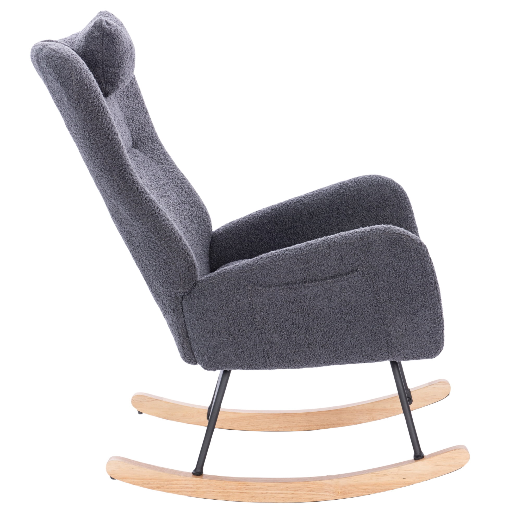 Teddy Upholstered Nursery Rocking Chair, High Back Soft Fabric Rocker for Breastfeeding, Living Room, Bedroom, Grey