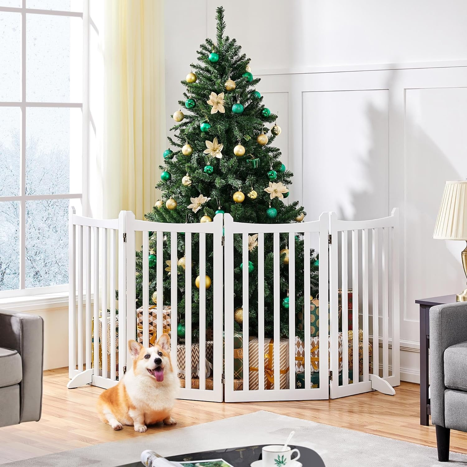 36" H Extra Tall Freestanding Pet Gate 4-Panel Wooden Dog Fence with 2 Support Feet Folding Dog Gate for Indoor, Stairs, Doorways, Halls, Kitchen Wooden Pet Barrier White, 79.5" L x 36" H