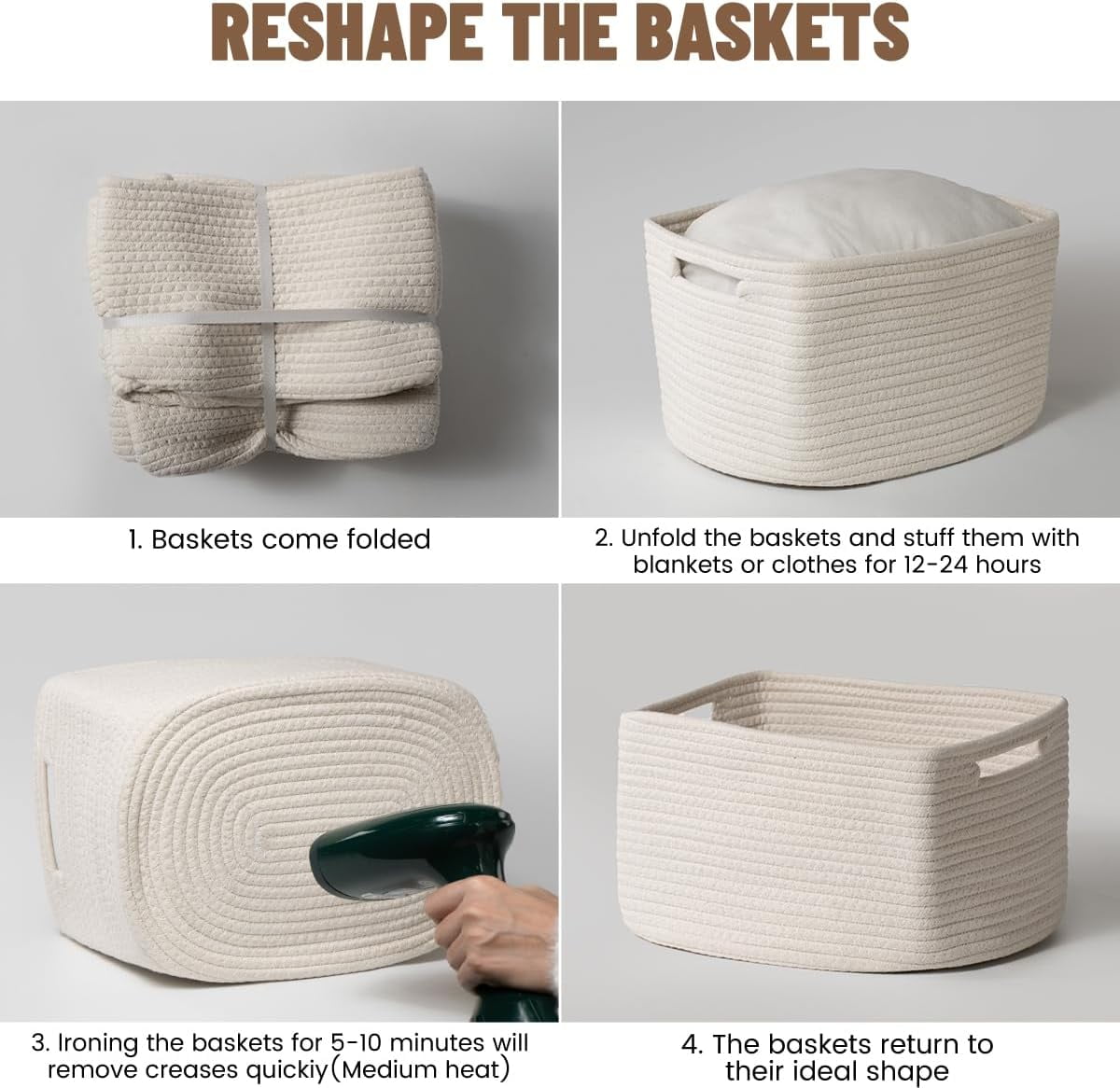 Woven Storage Baskets for Shelves, Decorative Basket Organizer Storage Bins for Toys, Books, Clothes, Closet, Nursery, Bathroom – Cotton Rope Shelf Baskets for Organizing, Khaki & White