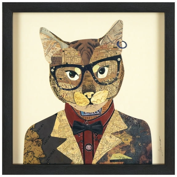Empire Art Direct Funky Cat 2 Dimensional Collage Framed Graphic Art Under Glass Wall Art, 17" x 17" x 1.4", Ready to Hang