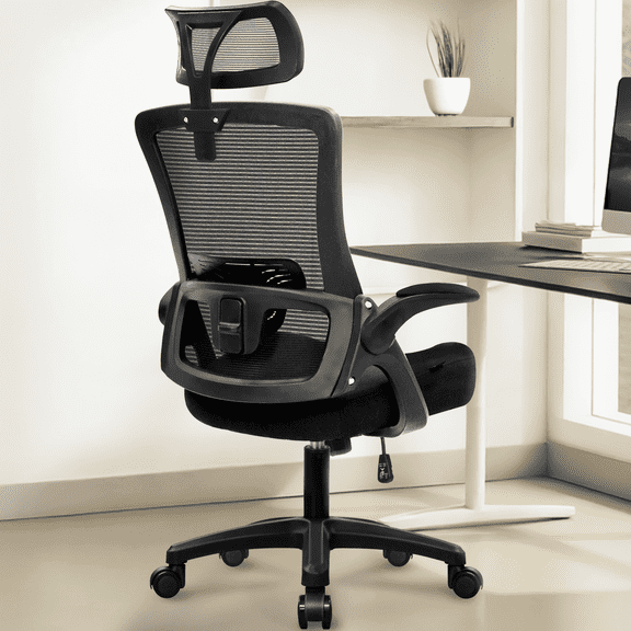 CELTOSS Ergonomic Office Chair, High Back Flip-Up Armrests Design, Adjustable Mesh Headrest and Lumbar Support, Black