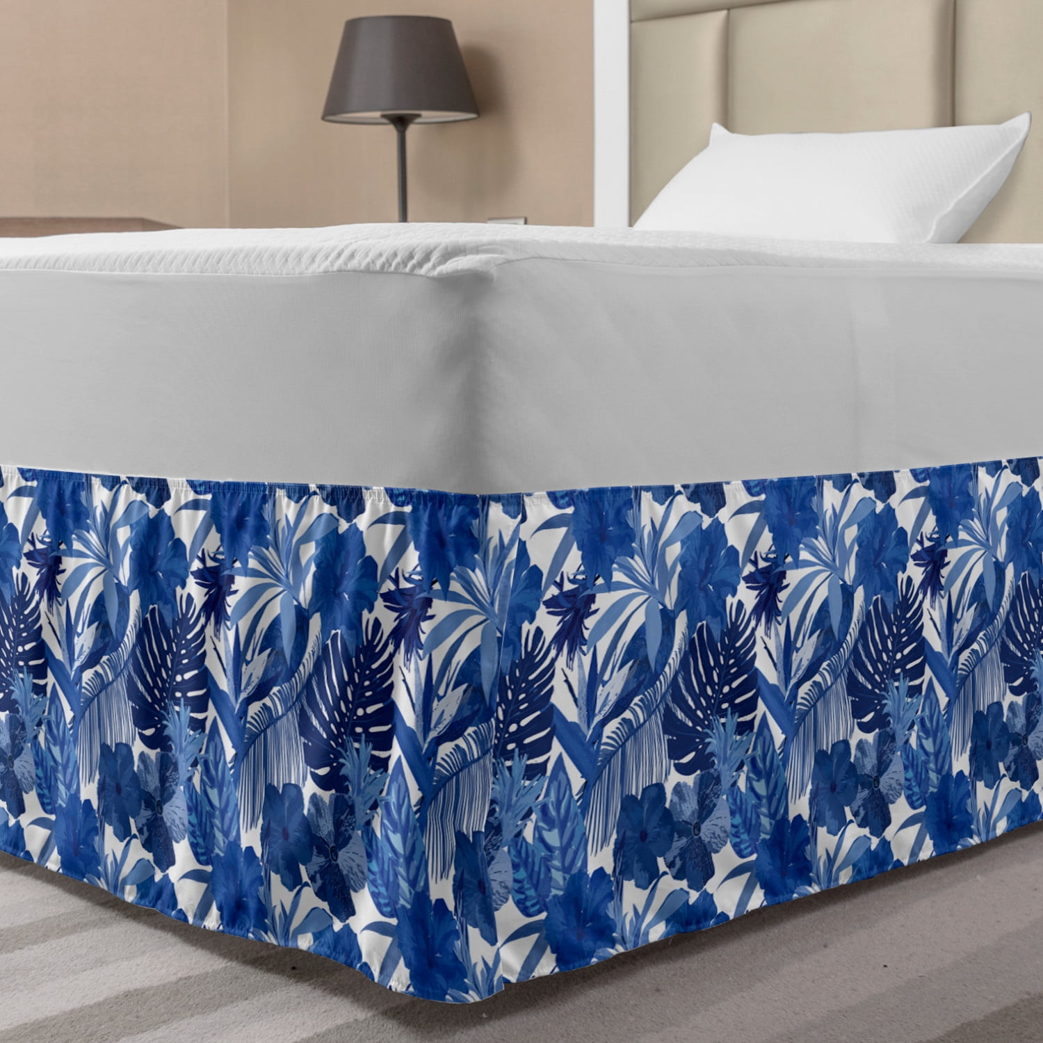 Philodendron Bed Skirt, Pattern with Tropical Leaves, Elastic Bedskirt
