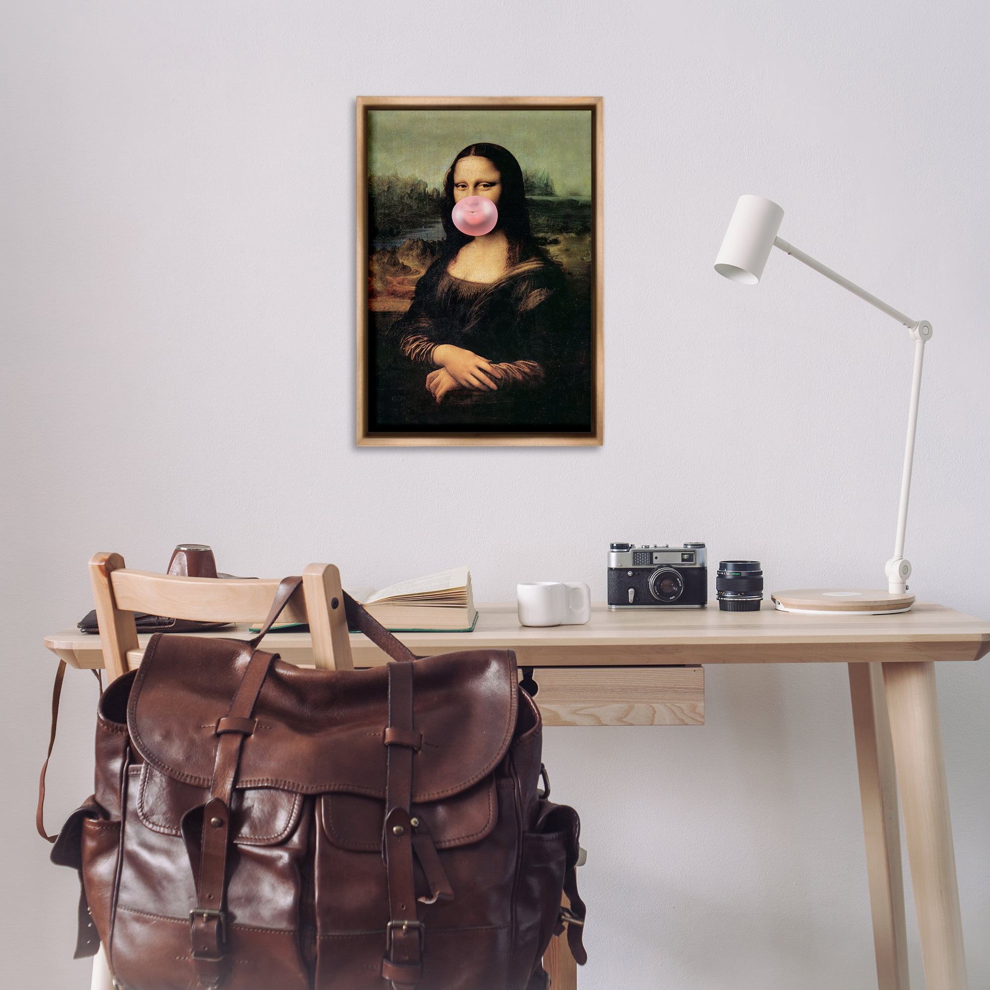 Stupell Industries Mona Lisa & Bubblegum Novelty & Humor Painting Brown Floater Framed Canvas Art Print Wall Art, 21 x 31