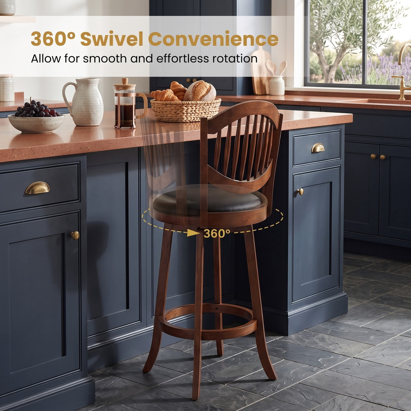 Furnibear Swivel Bar Stools Set of 2, 30 Inch 360 Degree Rotating Barstools with Curved Backrest, Footrest and Solid Rubber Wood Frame, PVC Leather, Espresso and Black