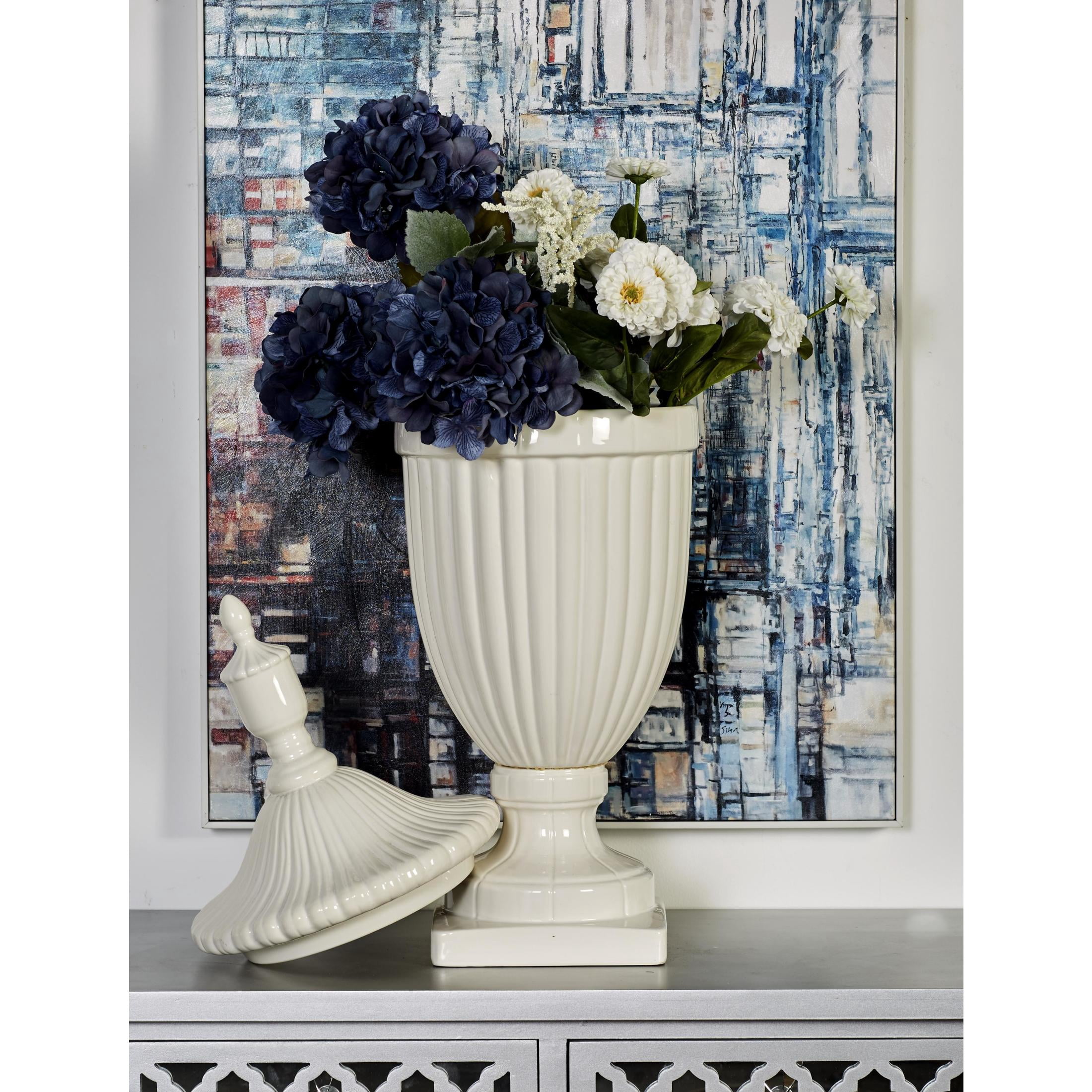 DecMode 12" x 32" White Ceramic Tall Fluted Urn Decorative Jars with Grooves and Lid, 1-Piece