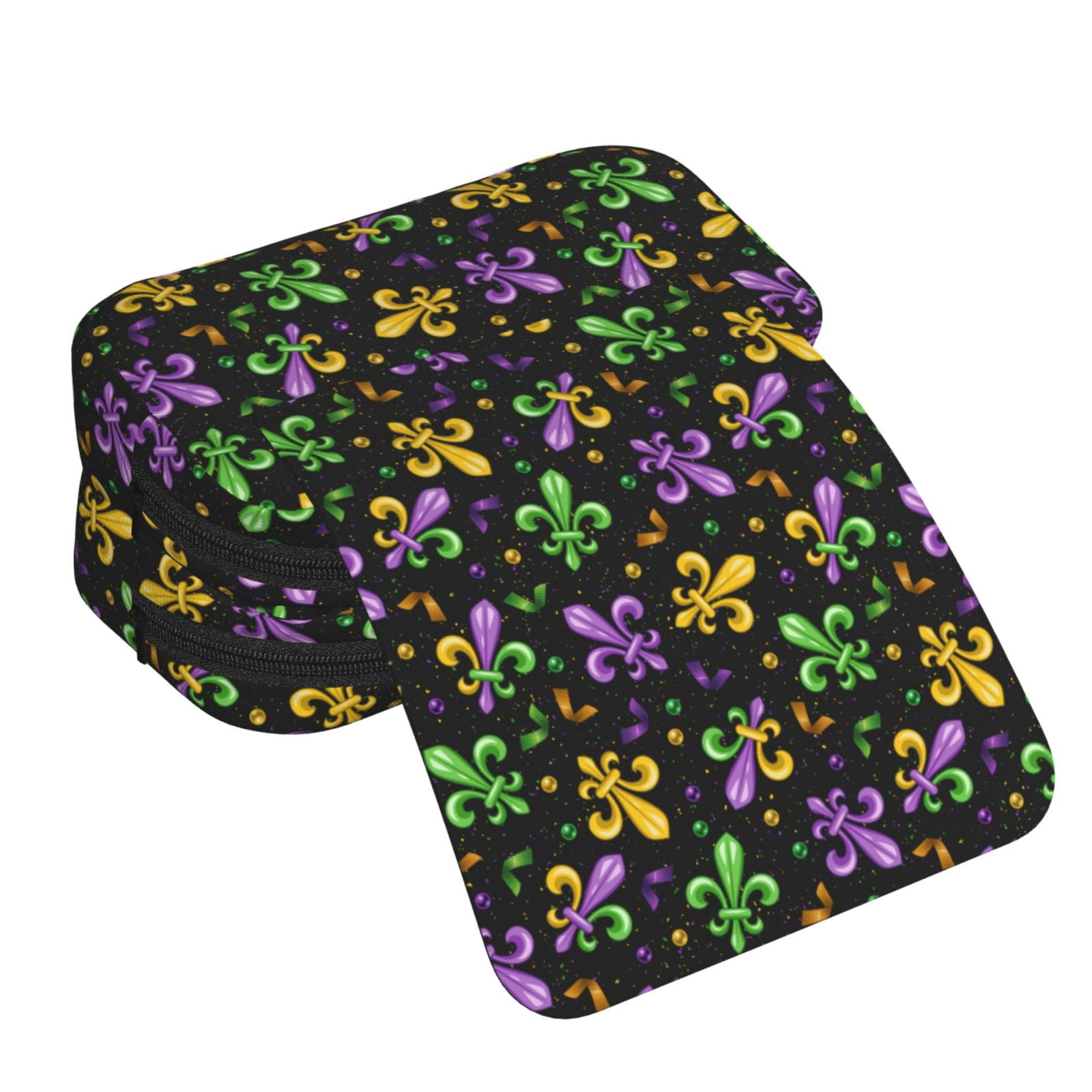 Rateoe Mardi Gras Carnival4 Pattern Double Clamshell Pen Case, Storage Organizer with Two Zipper Compartments– Holds Up to 50 Pencils & Pens