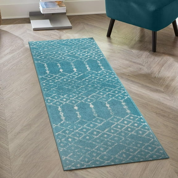 Unique Loom Paxon Trellis Collection Area Rug - Maeve (2' x 9' 10" Runner Teal blue/Ivory)
