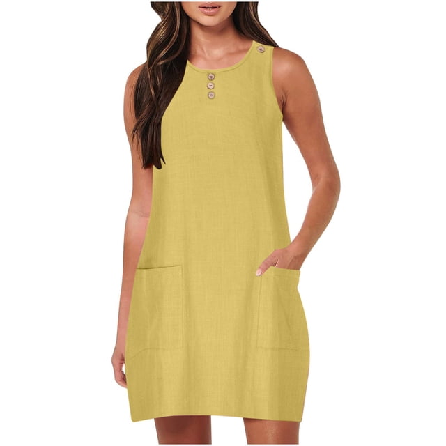 FAIWAD Robe Débardeur d'Été Décontractée pour Femme, Col Rond, Sans Manches, Longueur Genou, Robes, Couleur Unie, Ligne A, Boho, Robe Soleil