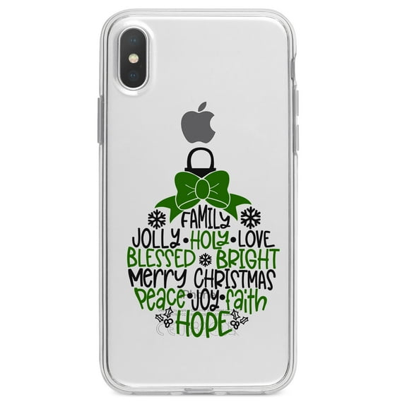 DistinctInk Clear Shockproof Hybrid Case for iPhone XS Max (6.5" Screen) - TPU Bumper Acrylic Back Tempered Glass Screen Protector - Christmas Words Ornament Black Green