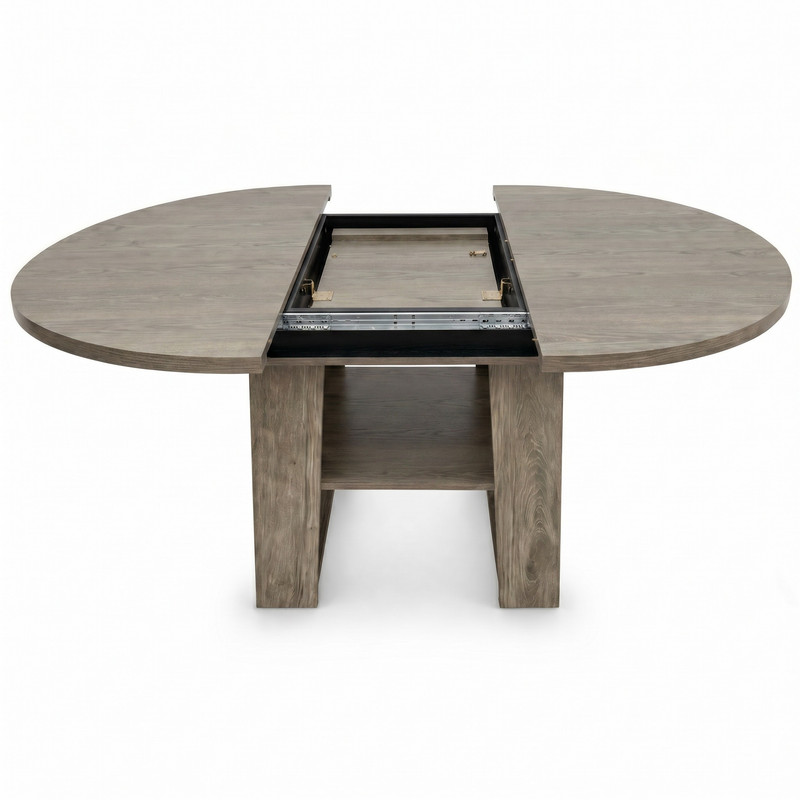 43"-59" Extendable Round-to-Oval Dining Table for 4-6 with Flip-Up Leaf, Kitchen Accent Dinner Table with Storage Shelf