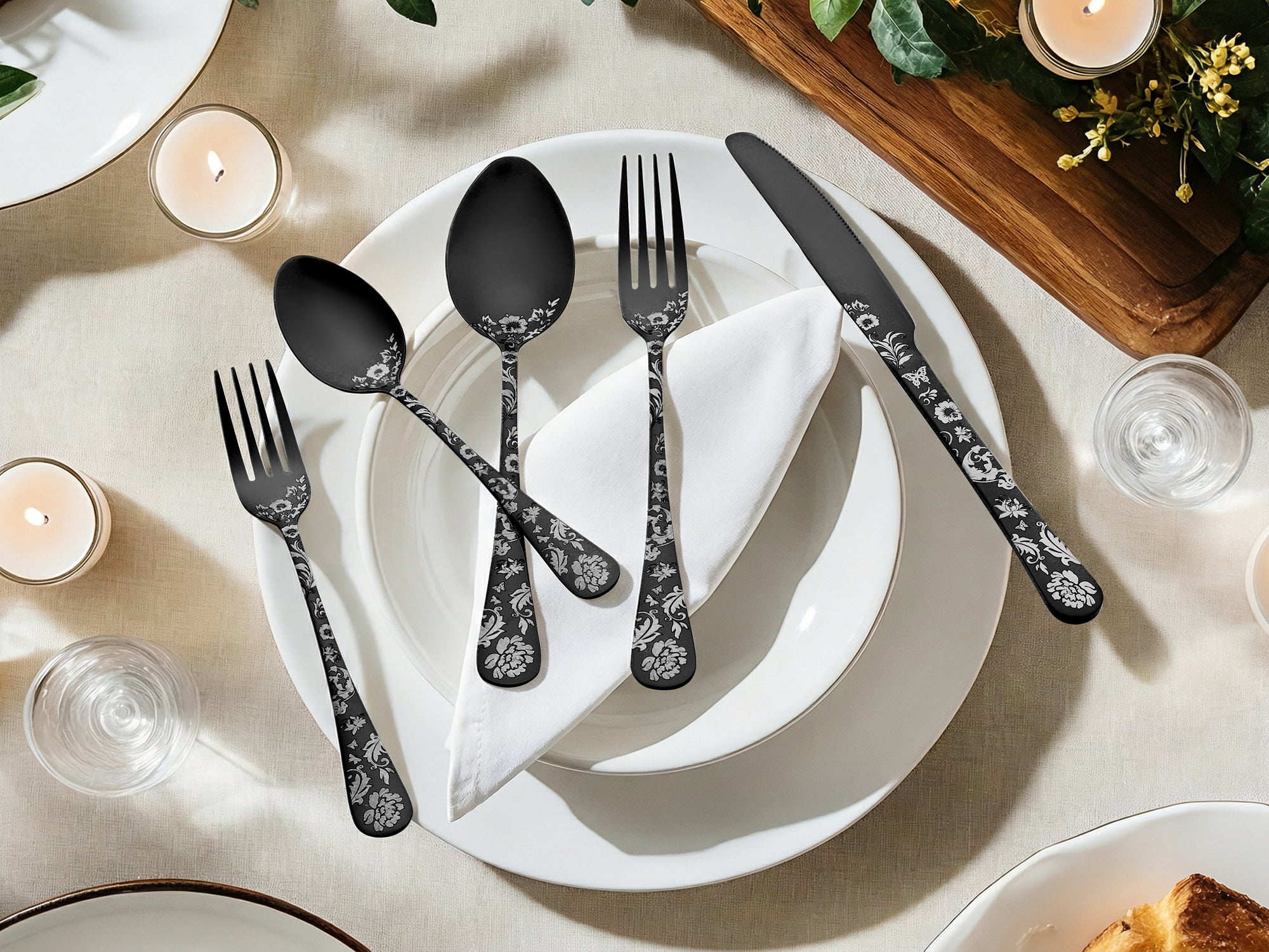 Unique Bargains 30-Pieces Floral Stainless Steel Flatware Set for 6 Black