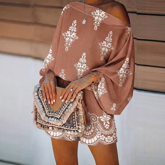 Morttic Women's Vintage Print 2 Piece Set – Off-Shoulder Batwing Sleeve Top & High Waist Shorts Boho Summer Vacation Outfit Coral,S