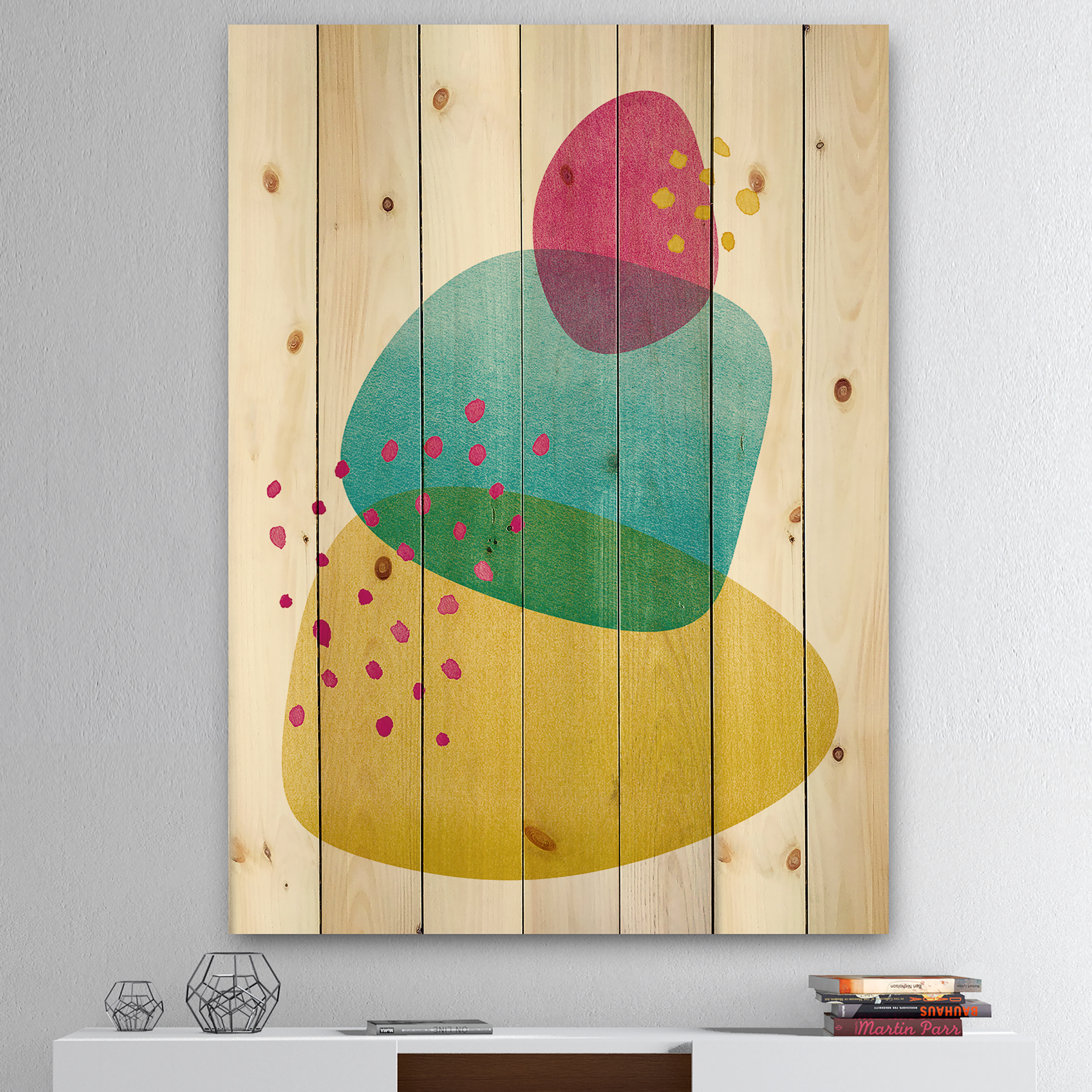 Designart 'Minimal Spots Balance I' Contemporary Print on Natural Pine Wood