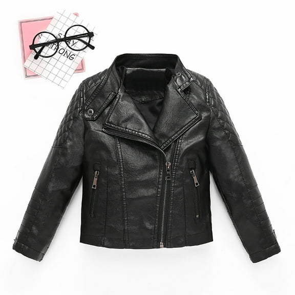 Qhnvtd Kids Leather Jackets Fashion Collar Motorcycle Jacket Faux Leather Zipper Coats Baby Boys Winter Coat 3-17Y
