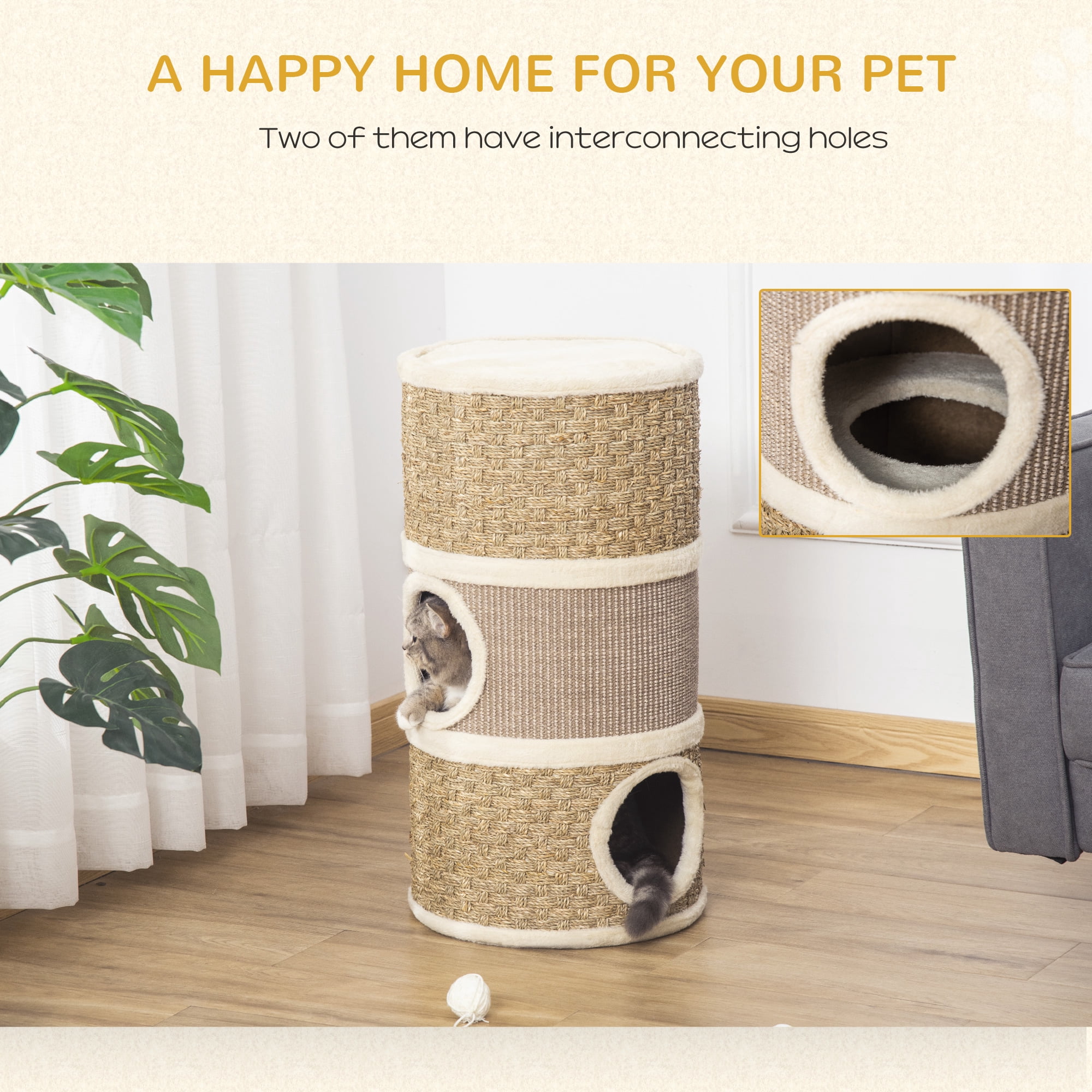 28 Inch 3-Story Cat Condo, Barrel Shaped Indoor Cat Tree with Sisal Scratching Pad, Soft Plush Lining Stable Particleboard Cat Hideaway for Small Cats, Khaki & Brown