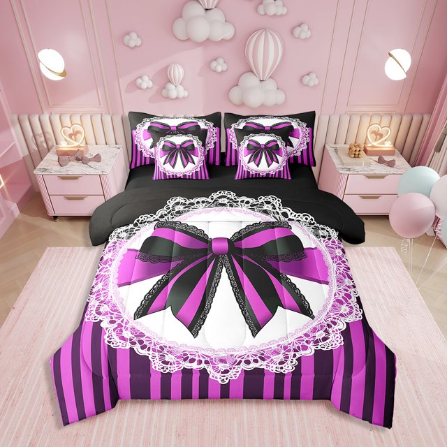 Erosebridal Purple Bow Tie Bedding Queen Size, Abstract Geomrtry Bedding Sets Queen Size, Princess Style Decor, Reversible
