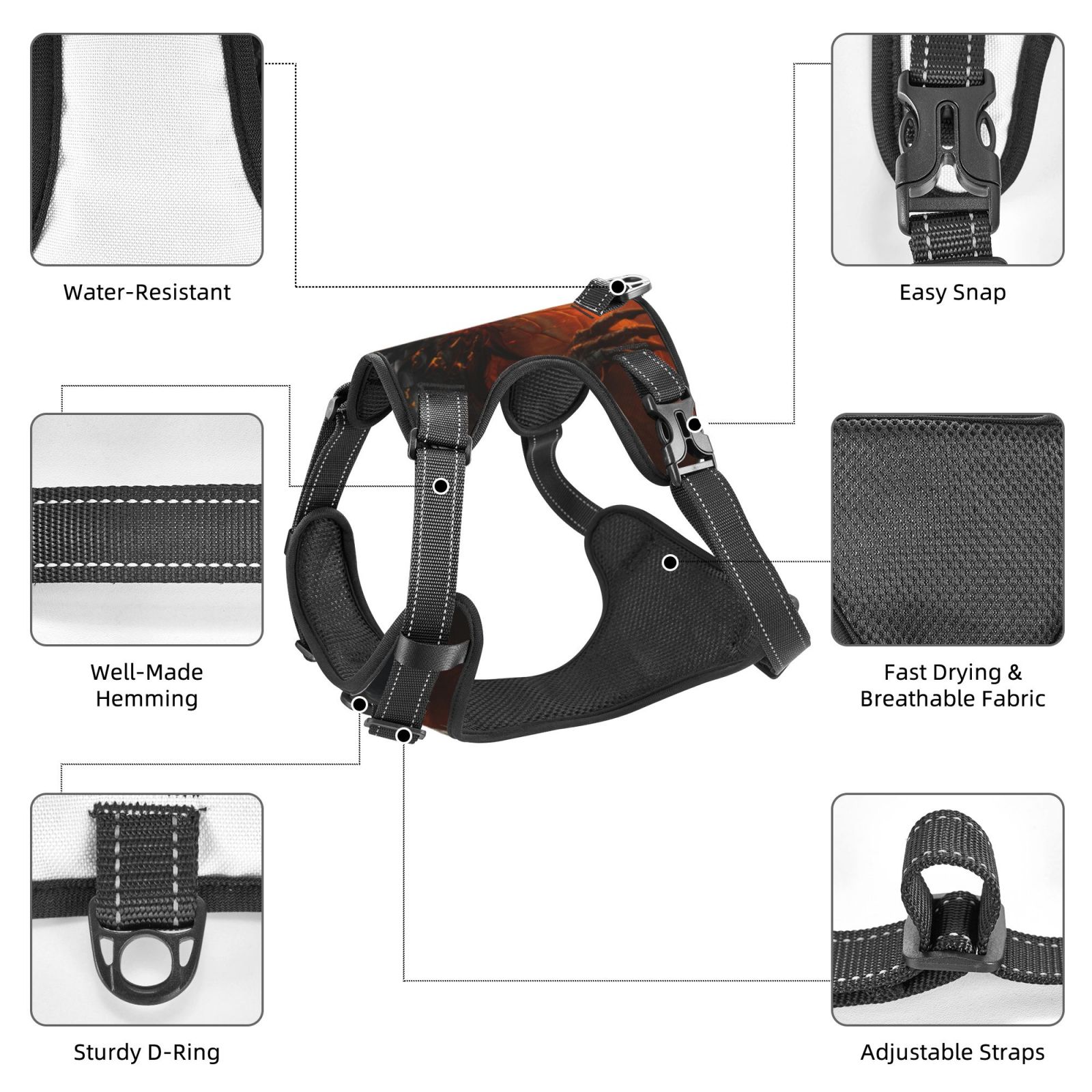Kdxio Fiery Dragon Of Chaos Print No Pull Dog Harness Adjustable Reflective Oxford Easy Control Medium Large Dog Harness for Training and Everyday-X-Large