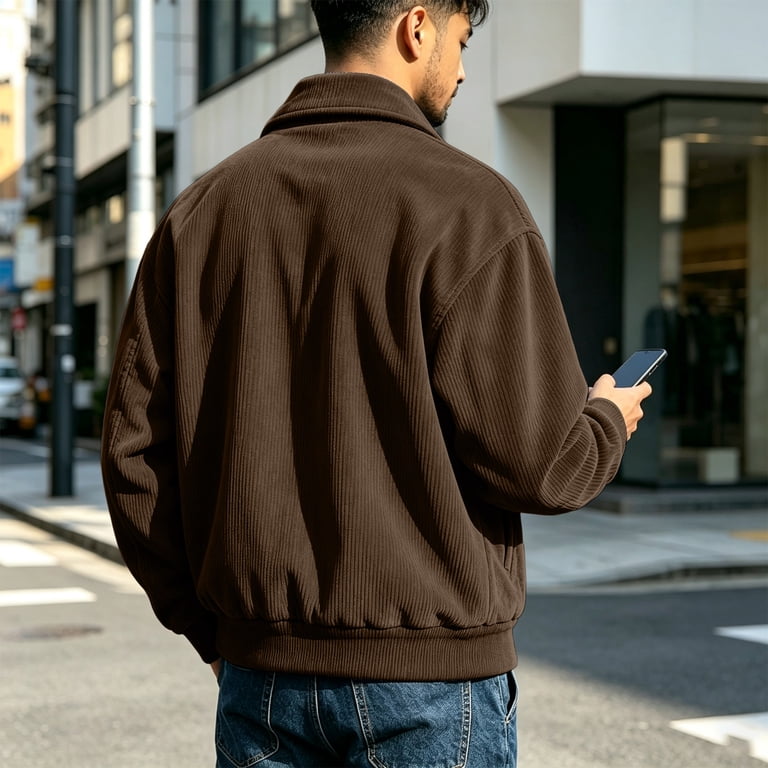 Bomber Jacket Men Corduroy Zip Up Ribbed Cuffs With Pockets Coat Loose ...
