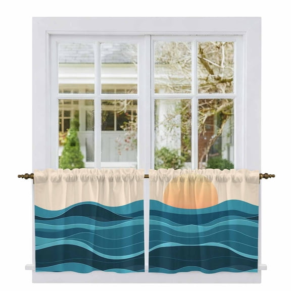 Teal Waves Tier Curtains, Watercolor Sun Turquoise Ombre Light Filtering Kitchen Curtains, 2Pcs Rod Pocket Half Window Treatments Panels for Sink Cafe Cabinet Camper 27.5x36 Inches