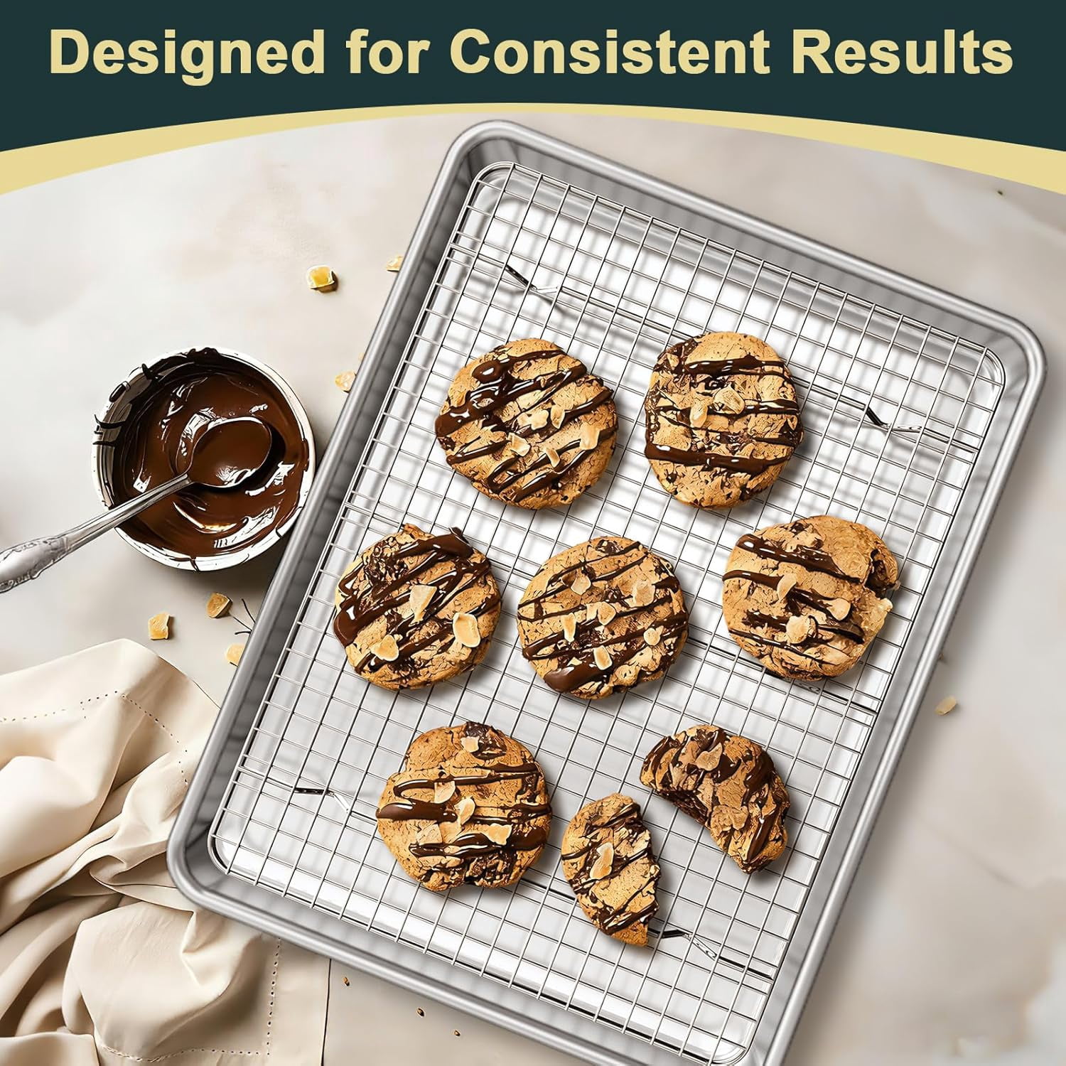 Nonstick Heavy Duty Natural Aluminum Baking Sheet, with Rack Set 2 Pans 2 Racks, Warp Resistant & Heavy Duty, Half Sheet Size