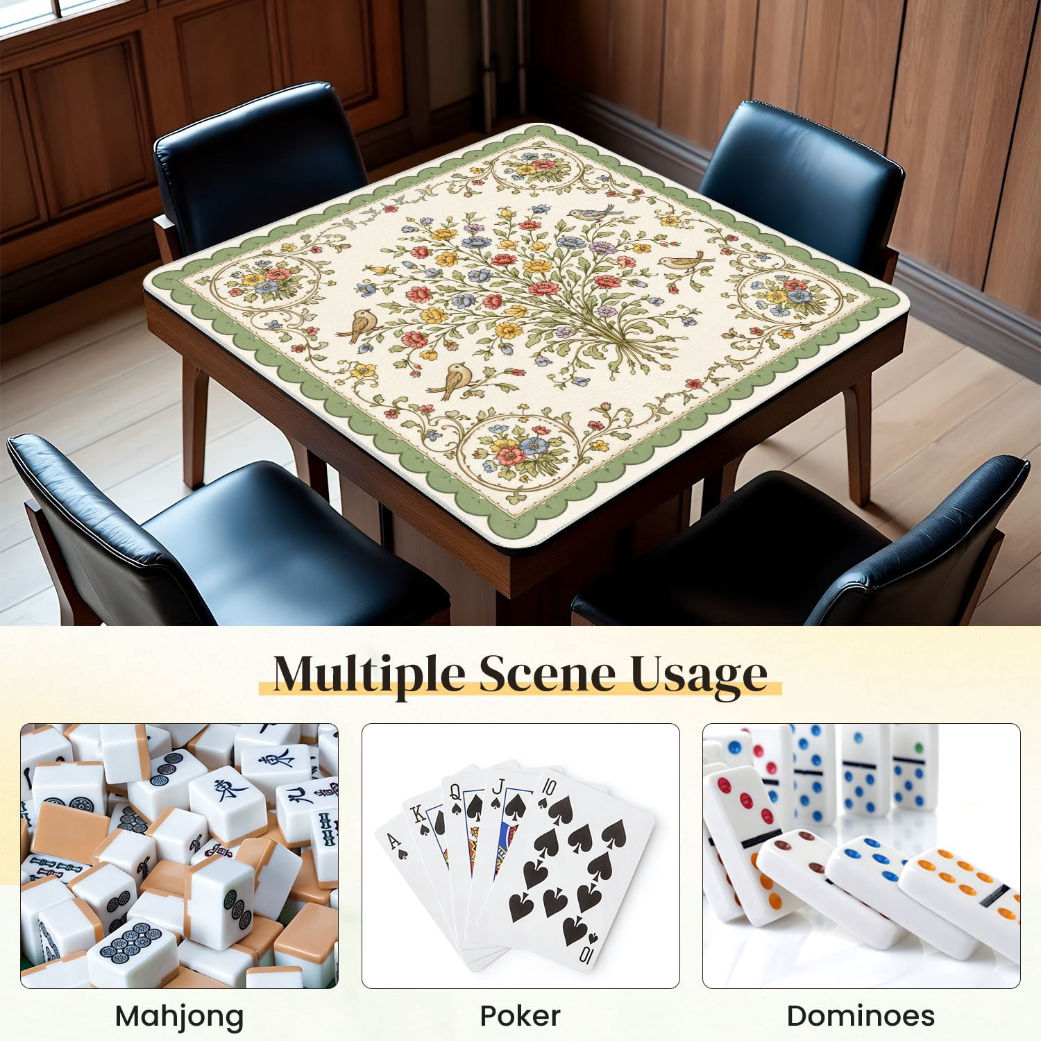 Mahjong Mat 31.5" x 31.5" Floral Vintage Birds Delicate Flowers Non-Slip Noise Reduction Mahjong Tiles Table Cover for Dominoes Poker Card Board and Tile Games