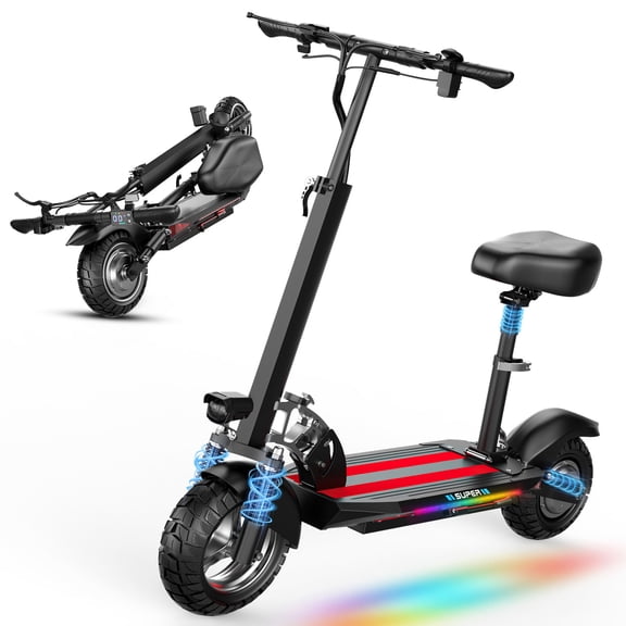 Adult Electric Scooter with Seat, 1200W Peak Motor, 30MPH & 48V 15Ah Battery&45 Miles Range，Foldable Fast E-Scooter, 10" Off Road Tires Scooter, Dual Suspesnsion, Commuting E Scooter for Teen,UL2272