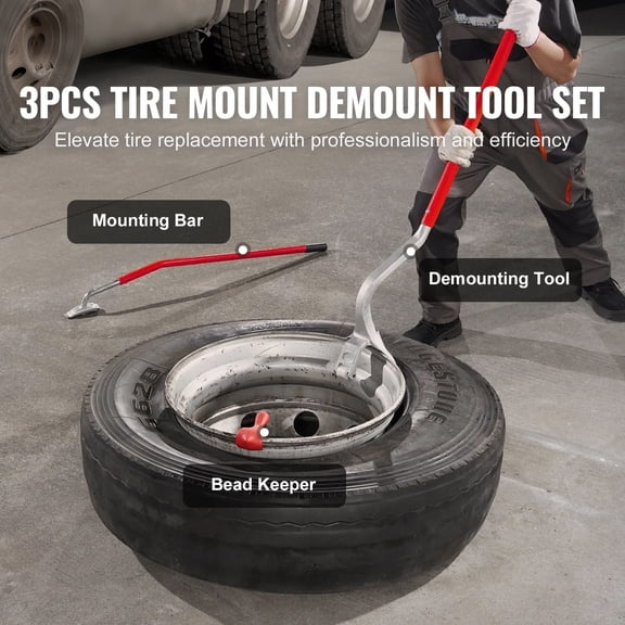 SHUNJITAI Red Manual Tire Demount and Mount Pry Bar Set for 22.5 to 24.5 Inch Heavy Duty Vehicles with Demounting Tool and Bead Keeper
